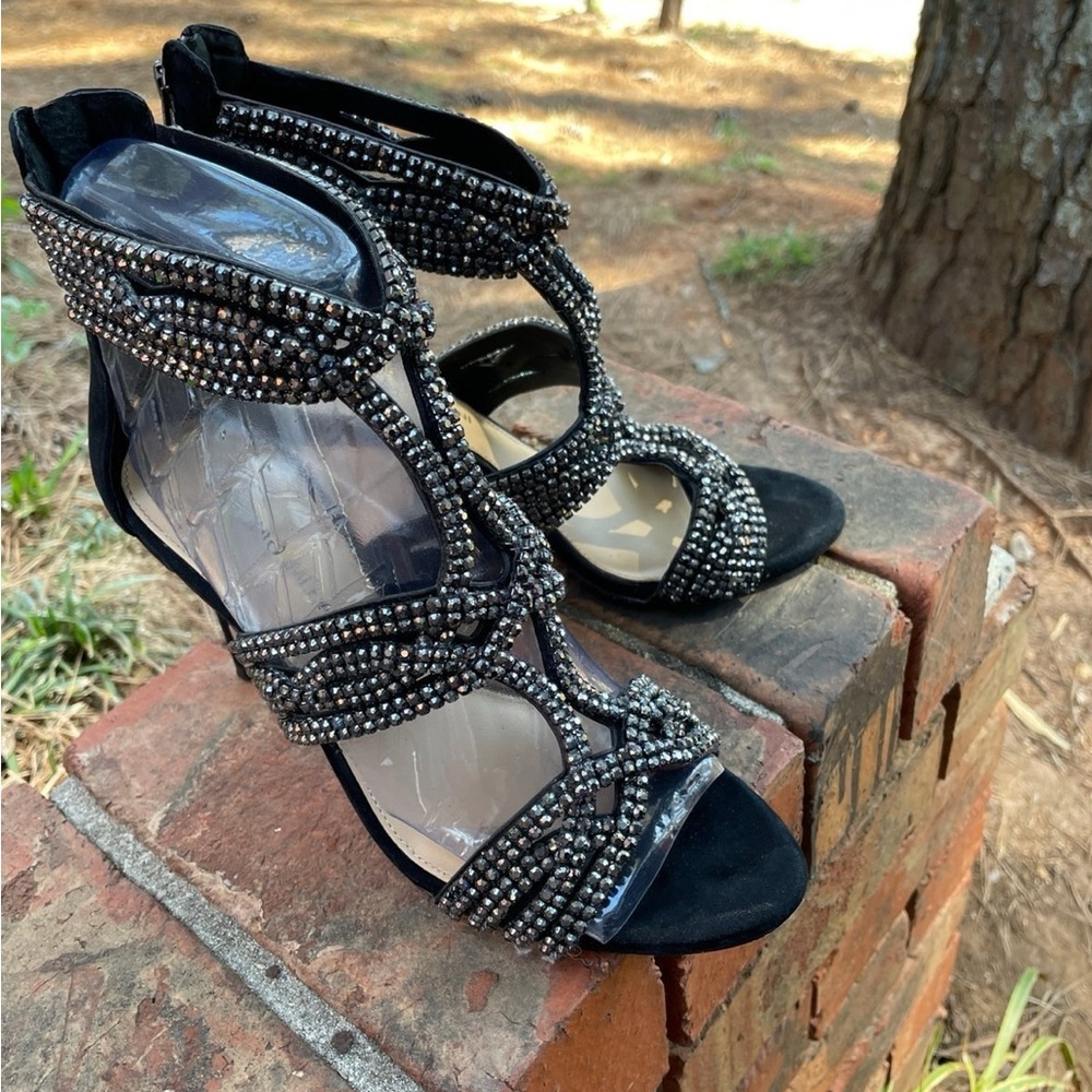 ANTONIO MELANI Black Strappy Heels with Rhinestones